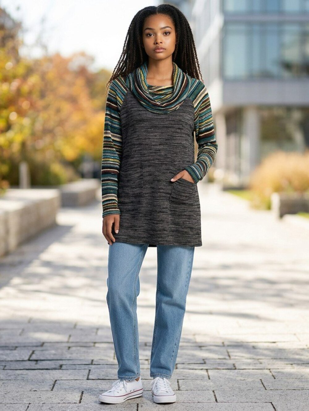 Egy Womens XL Gray Space Dye Multicolor Stripe Cowl Neck Sweater Tunic Top